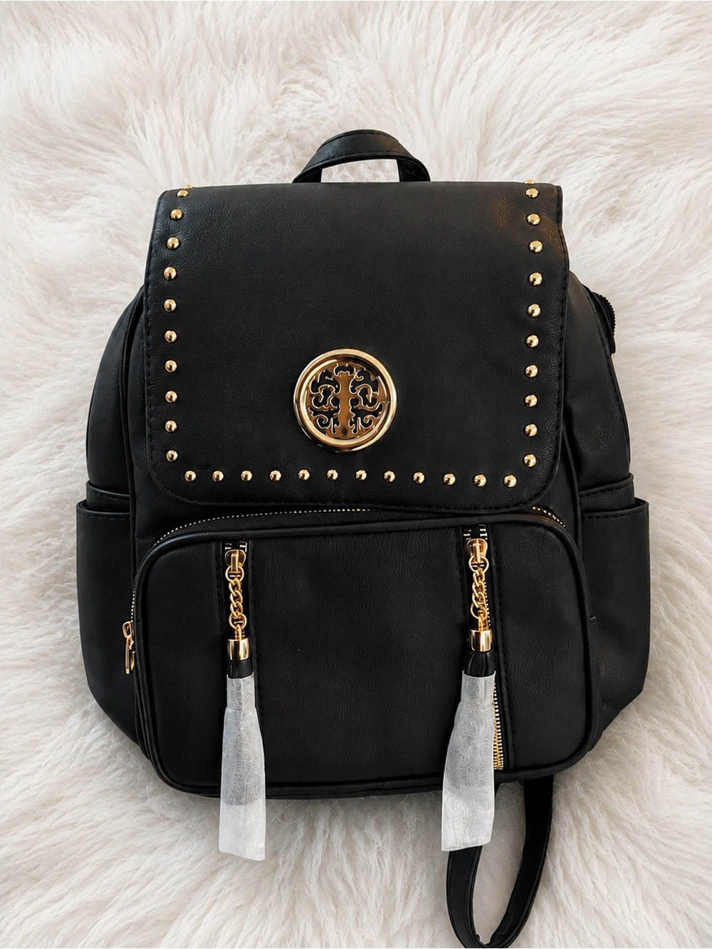 Black Studded Faux Leather Backpack with Gold Emblem
